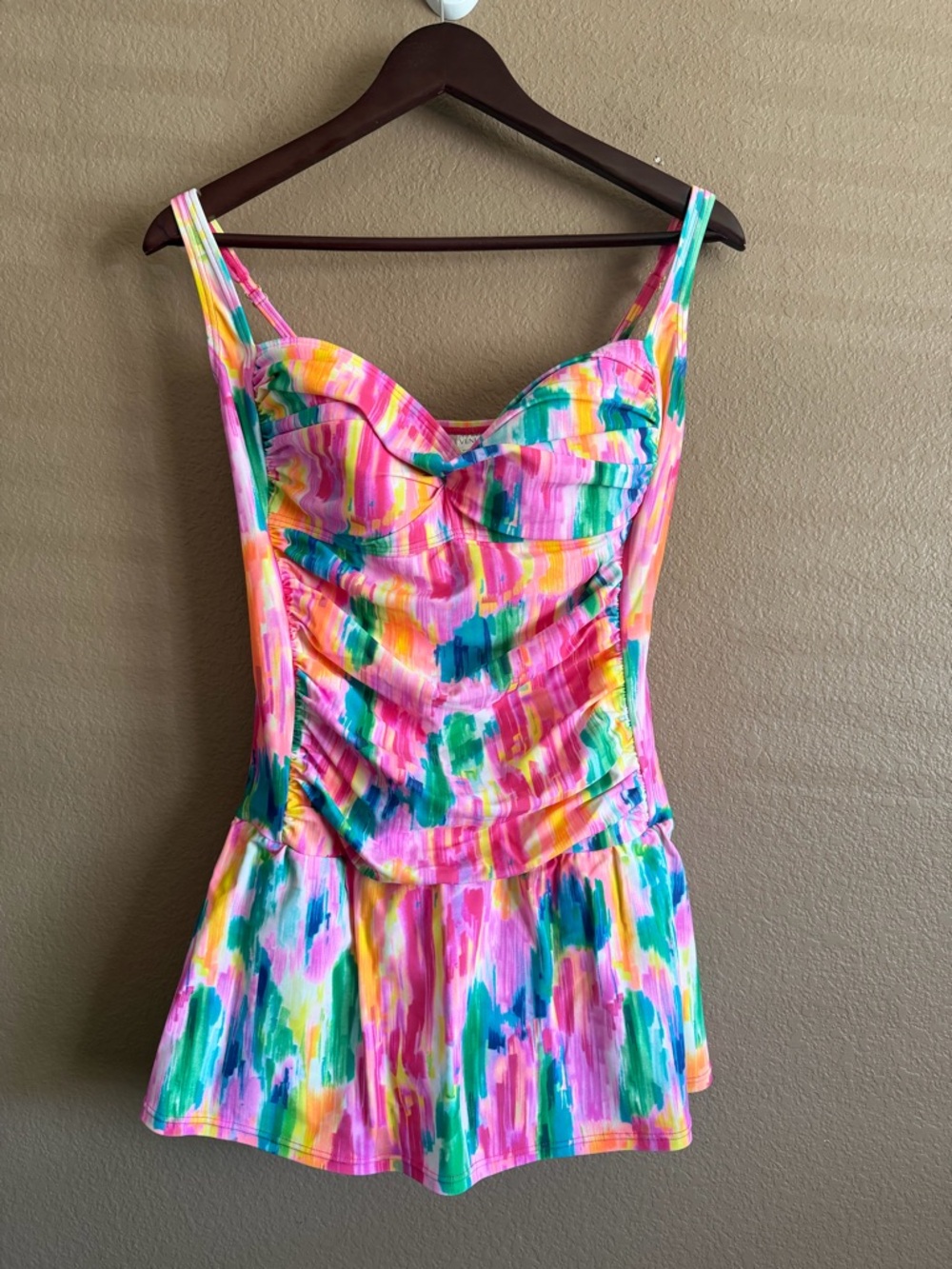 VENUS Multicolor Brushstroke One-Piece Swimdress Ruched Bodice Size 16